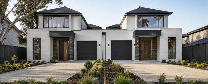 Contemporary duplex development on subdivided land in a New South Wales residential neighbourhood