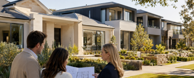 Prospective homebuyers comparing modern houses in a Sydney residential neighbourhood